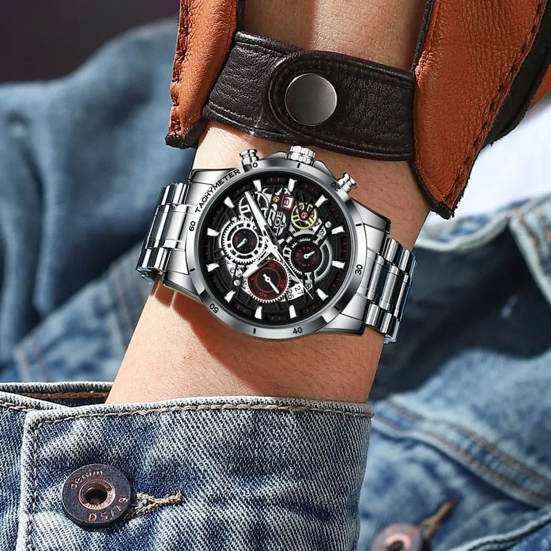 LIGE - Skeleton STEEL Drako Watches Men's Watches