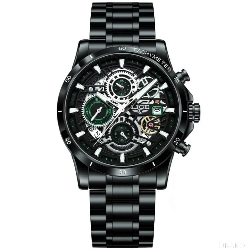 LIGE - Skeleton STEEL Drako Watches Men's Watches
