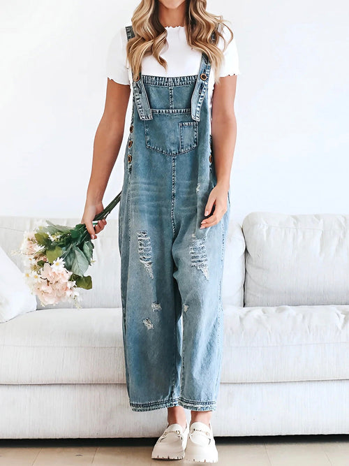 Valencia Distressed Denim Overalls