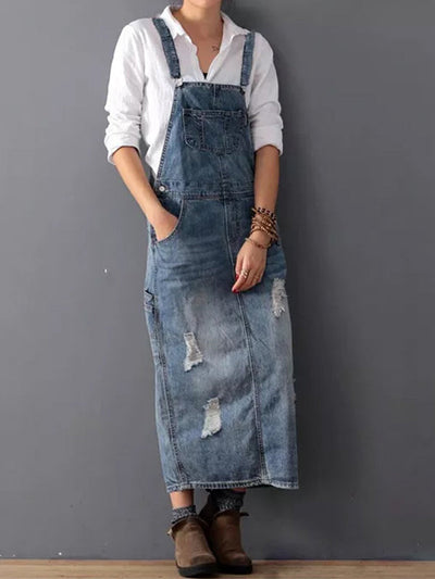 Back Slit Distressed Denim Overalls Dress  Drako™️