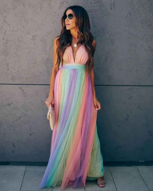 Women's Maxi Dress | Vibrant Rainbow Design | Layered Sheer Overlay | Comfortable Fit  Drako™️