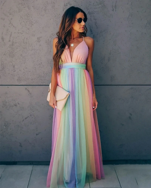 Women's Maxi Dress | Vibrant Rainbow Design | Layered Sheer Overlay | Comfortable Fit  Drako™️