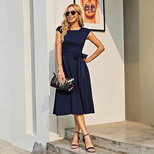 Élodie – Chic Midi Dress with Waist Bow  Drako Watches
