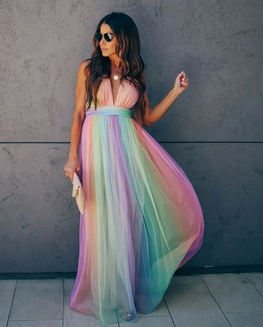 Women's Maxi Dress | Vibrant Rainbow Design | Layered Sheer Overlay | Comfortable Fit  Drako™️