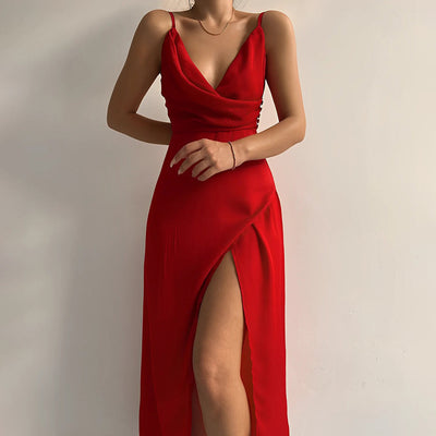 Women’s Maxi Dress | Satin Wrap with Side Slit | Draped Bodice | Comfortable Fit  Drako™️