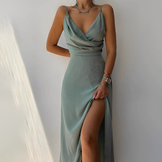 Women’s Maxi Dress | Satin Wrap with Side Slit | Draped Bodice | Comfortable Fit  Drako™️